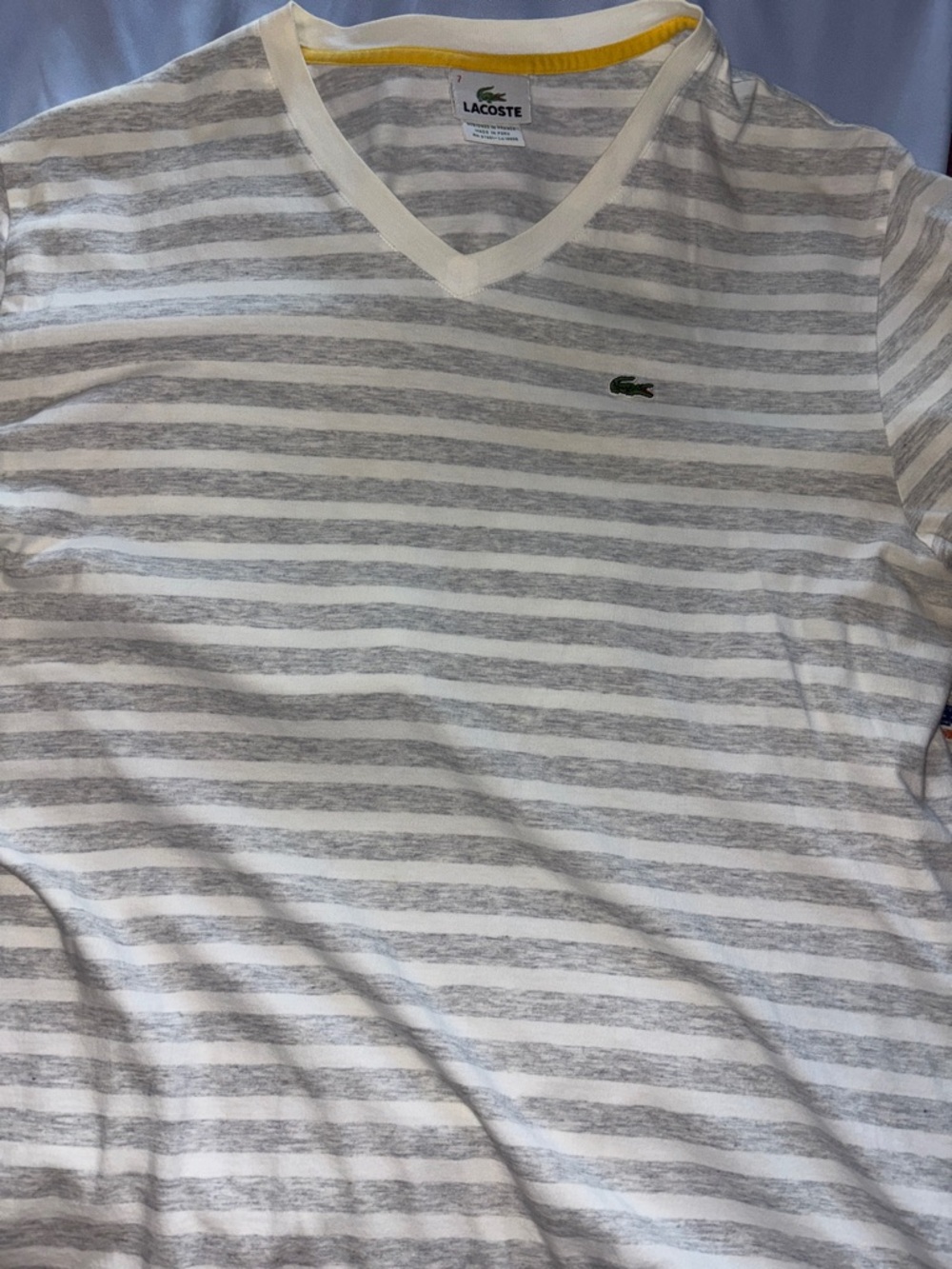 Lacoste Striped V-Neck Tee in White, Light Gray & Green Croc